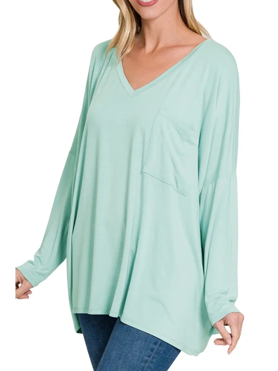 Luxe Rayon Oversized V Neck Pocket Top