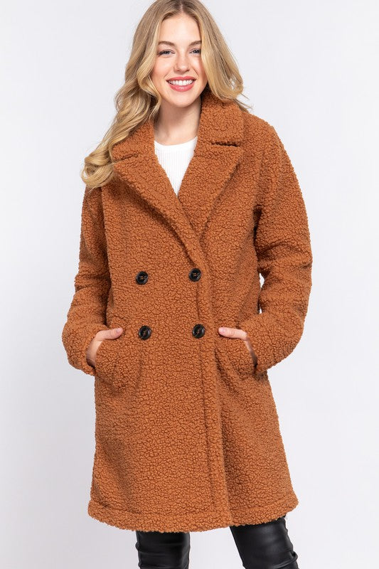 Camel Long Sleeve Double Breasted Faux Fur Coat