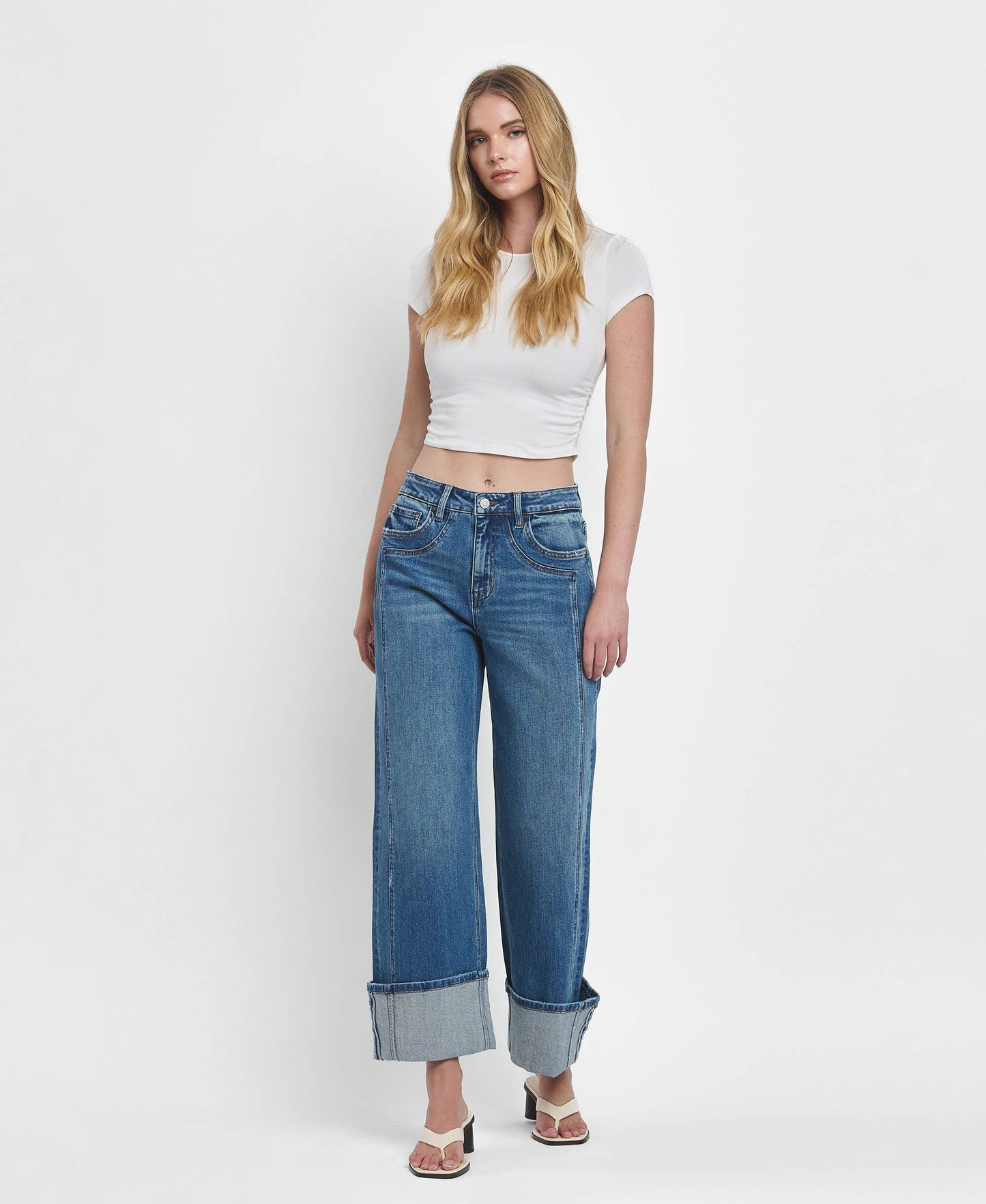 High Rise Cuffed Wide Denim