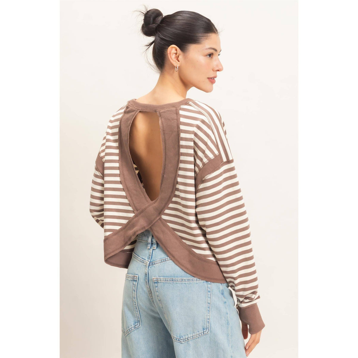 Striped Long Sleeve Open Back Top