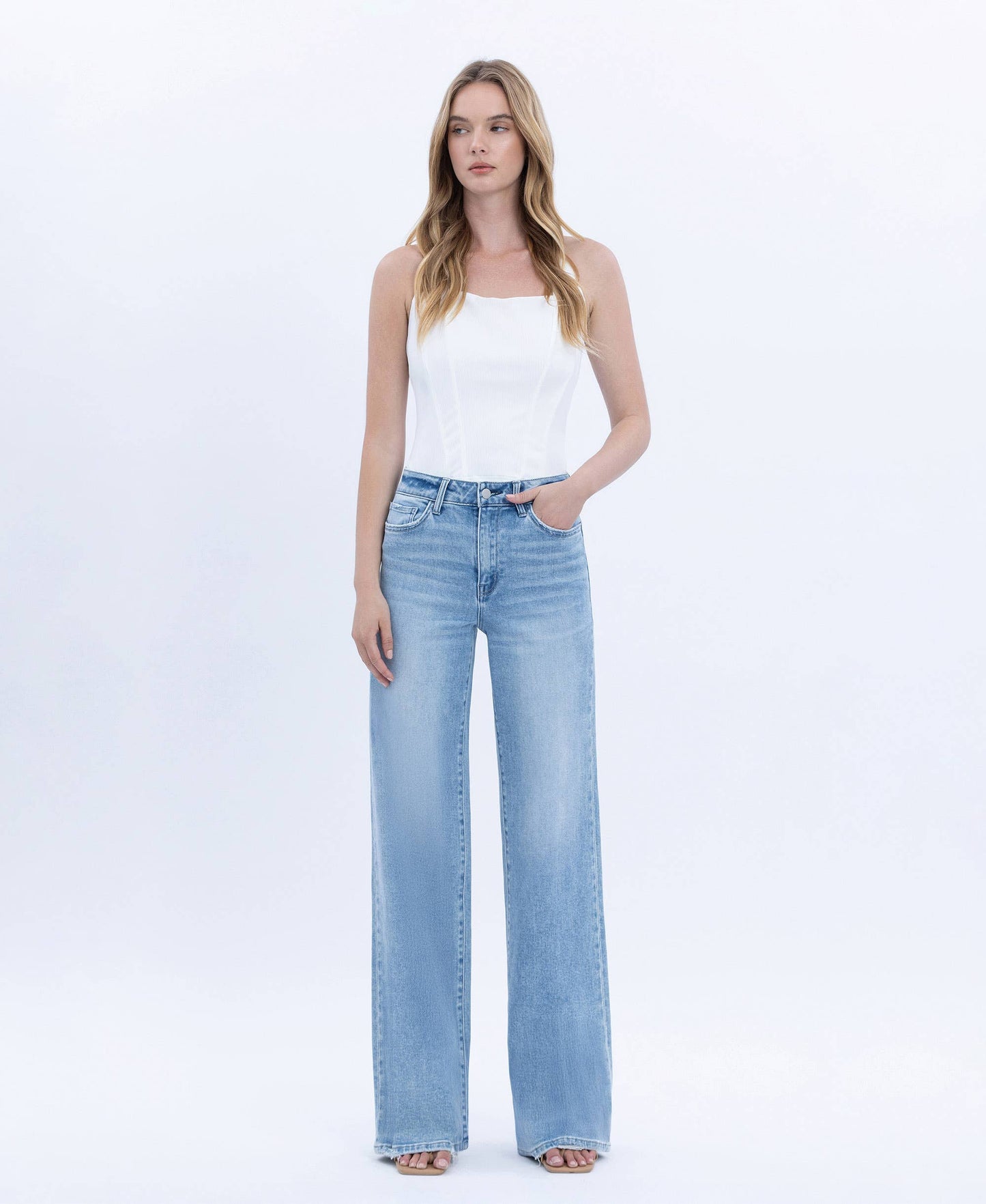 High Rise Full Length Light Wash Wide Jeans