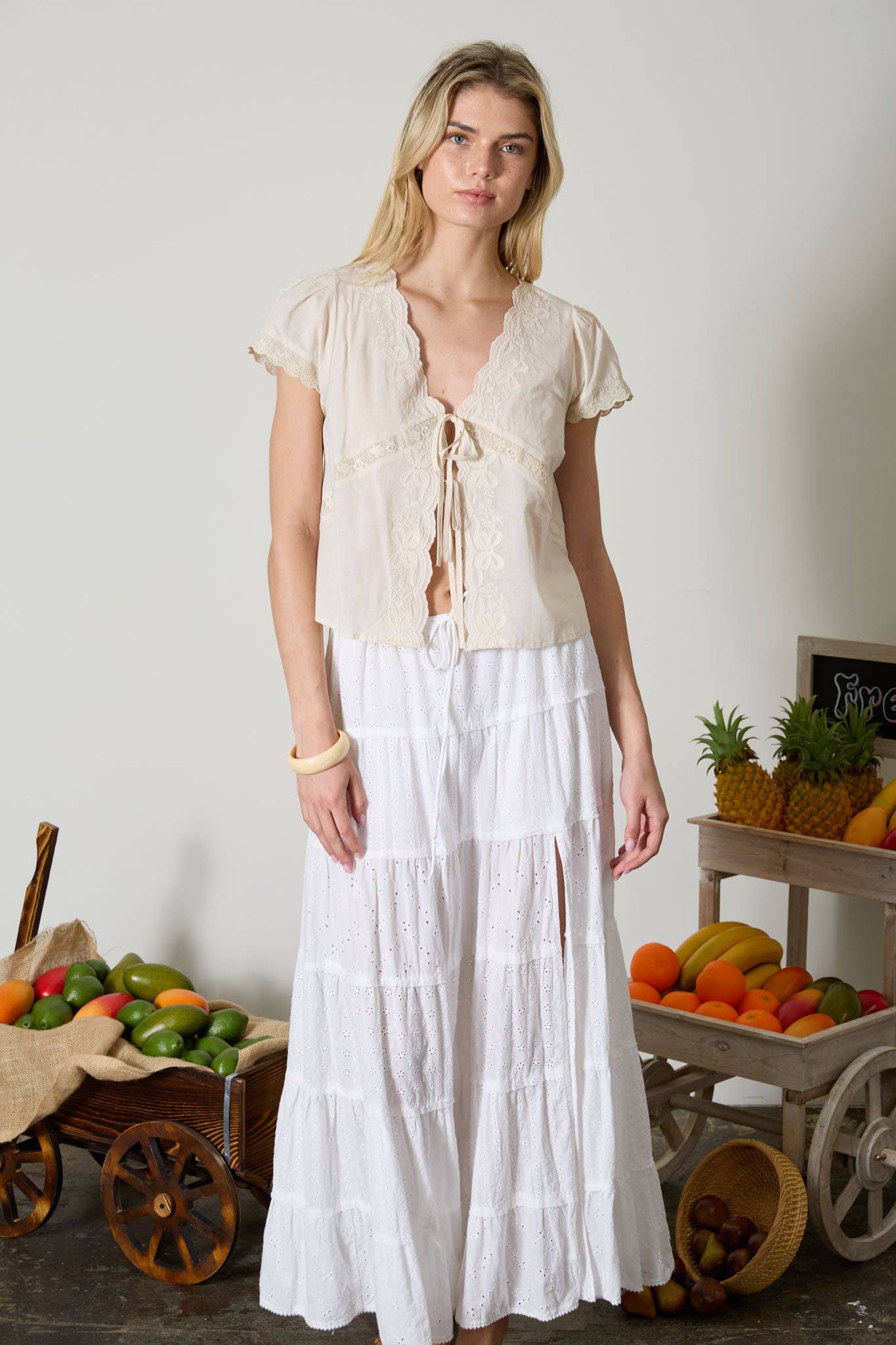 Scalloped Embroidered Front Tie Lace Trim Top