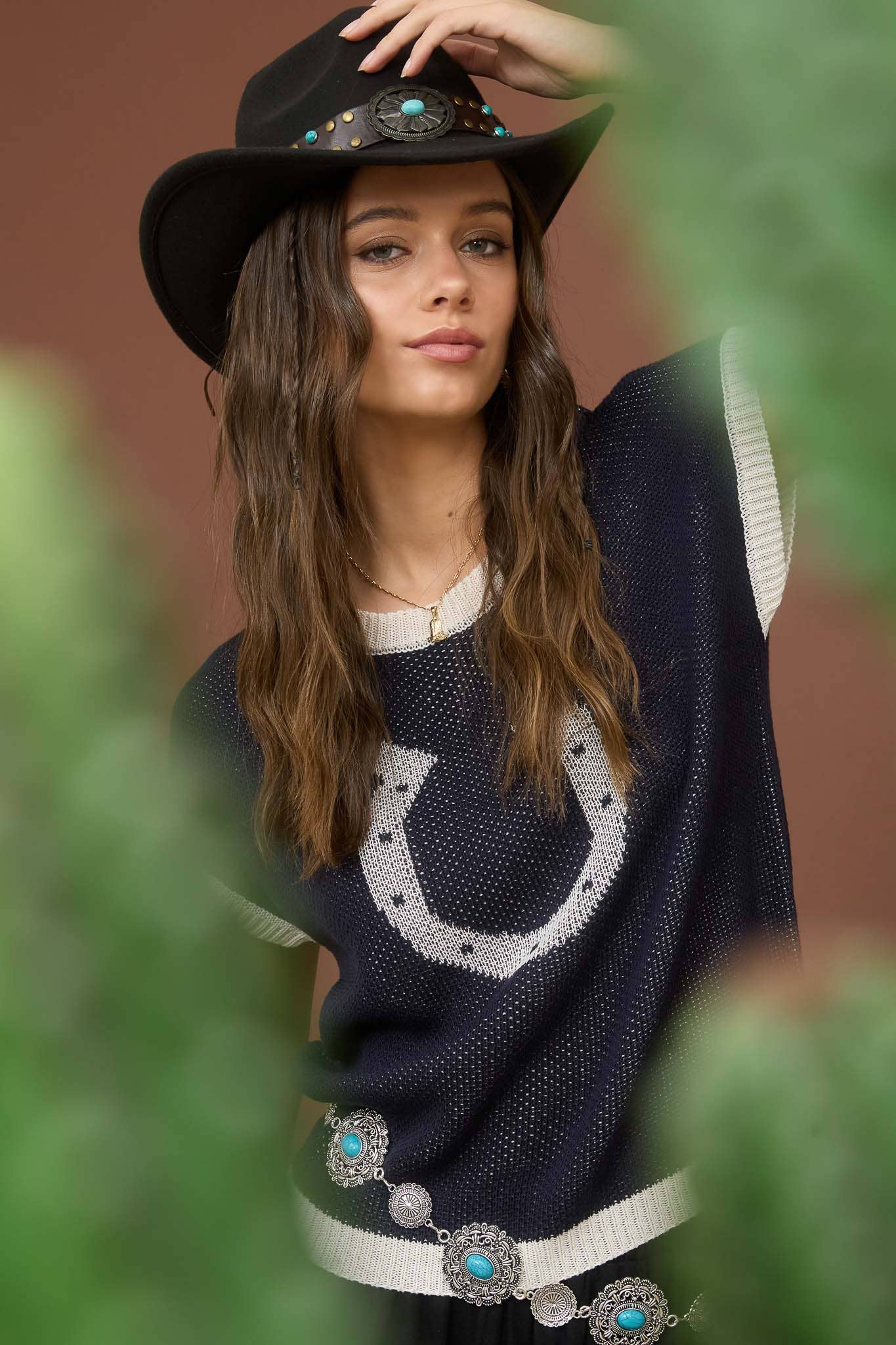 Navy Horseshoe Knit Sweater Top