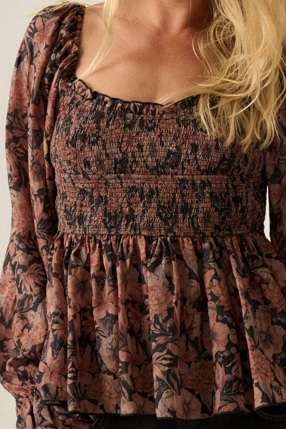 Floral-Print Sweetheart Smocked Peplum Top