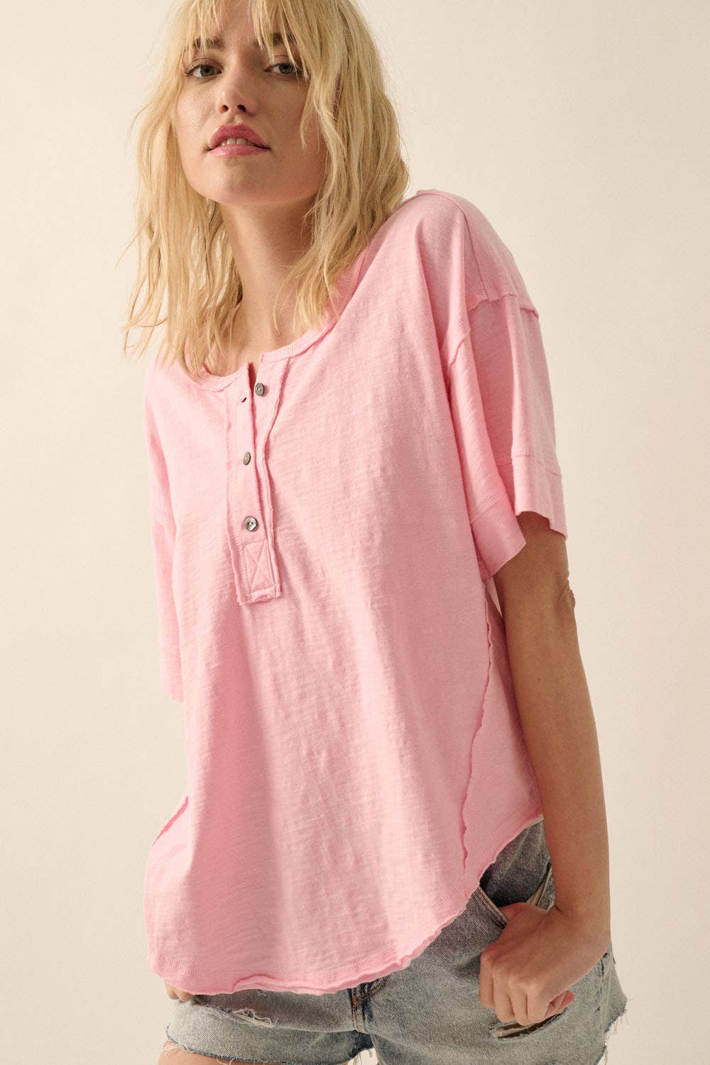 Easy Fit Mineral-Wash Slub Knit Exposed Seam Shirt