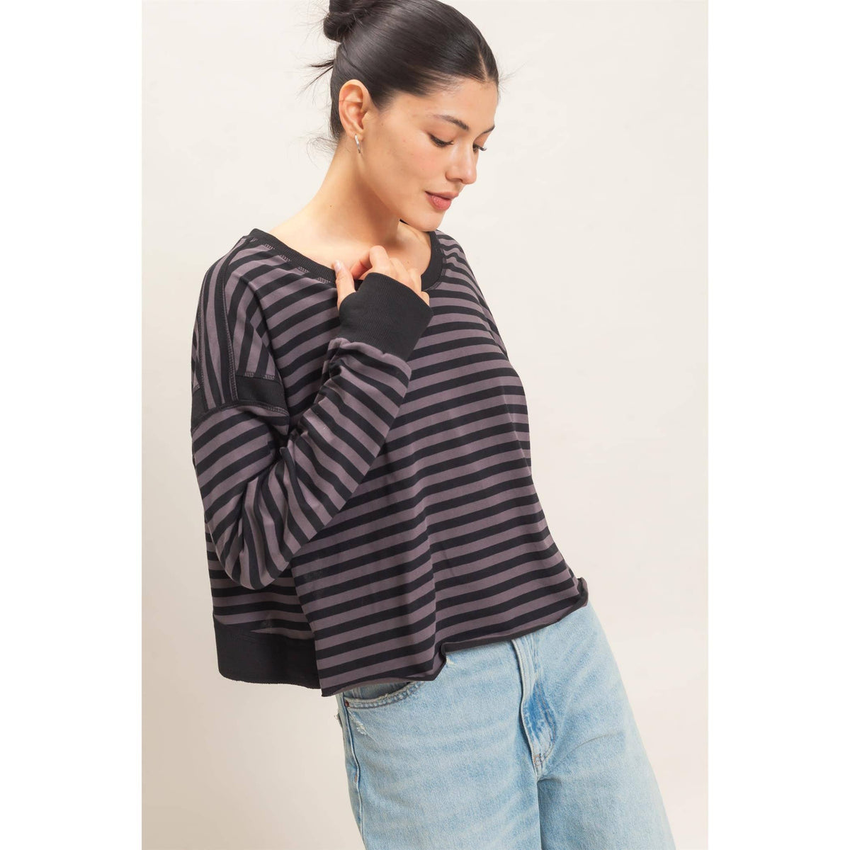 Striped Long Sleeve Open Back Top