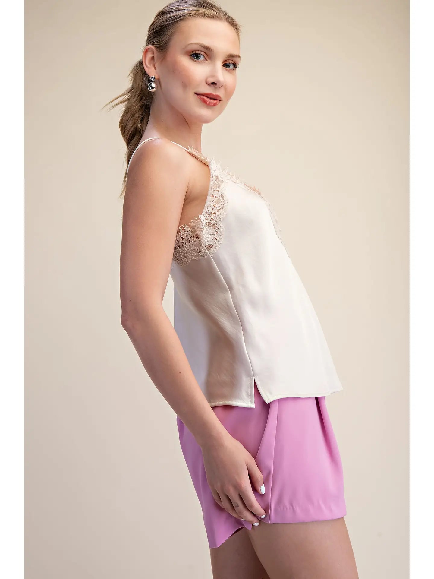 V-Neckline Lace Satin Cami Top