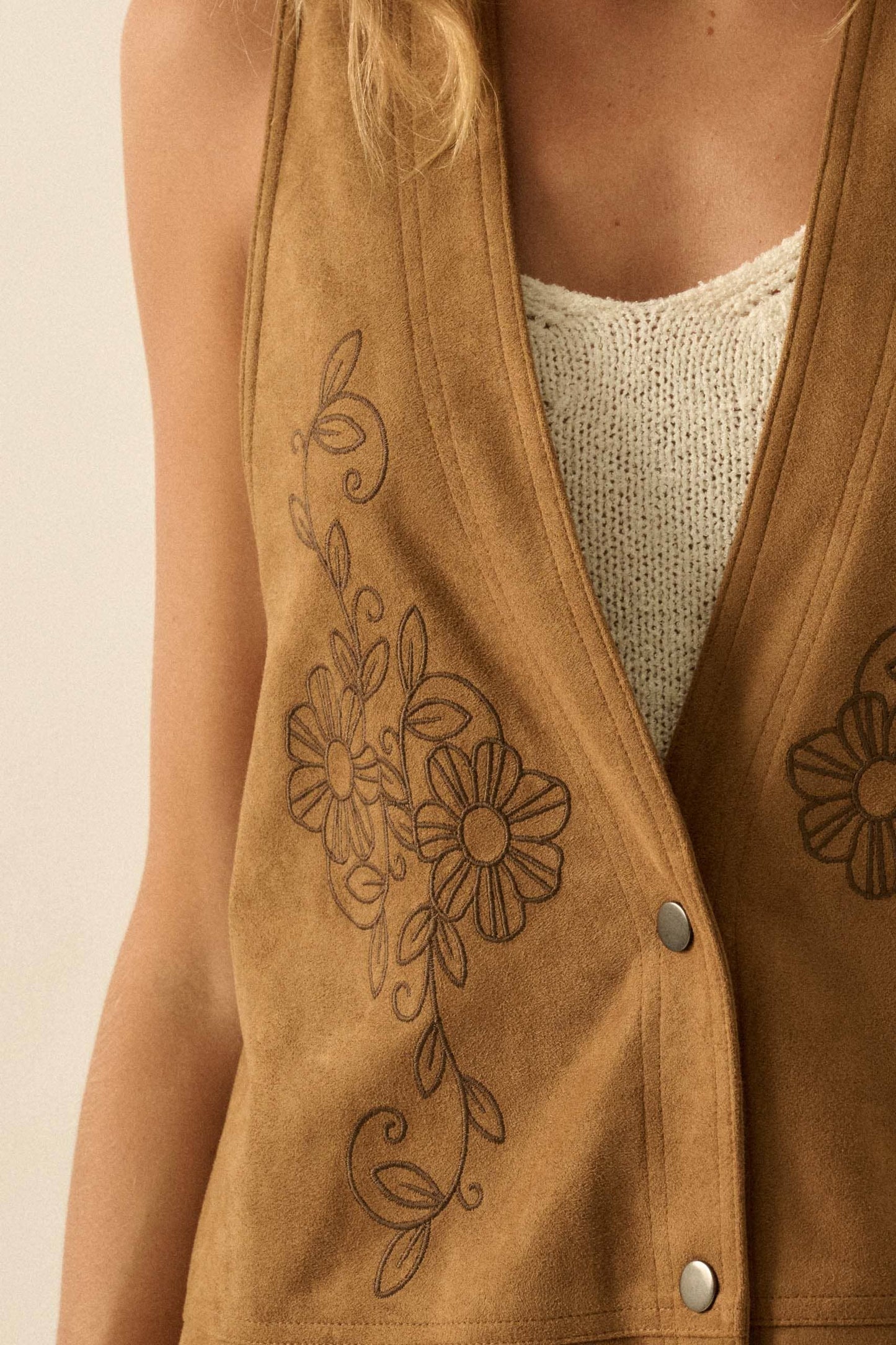 Floral-Embroidered Faux Suede Snap-Front Vest
