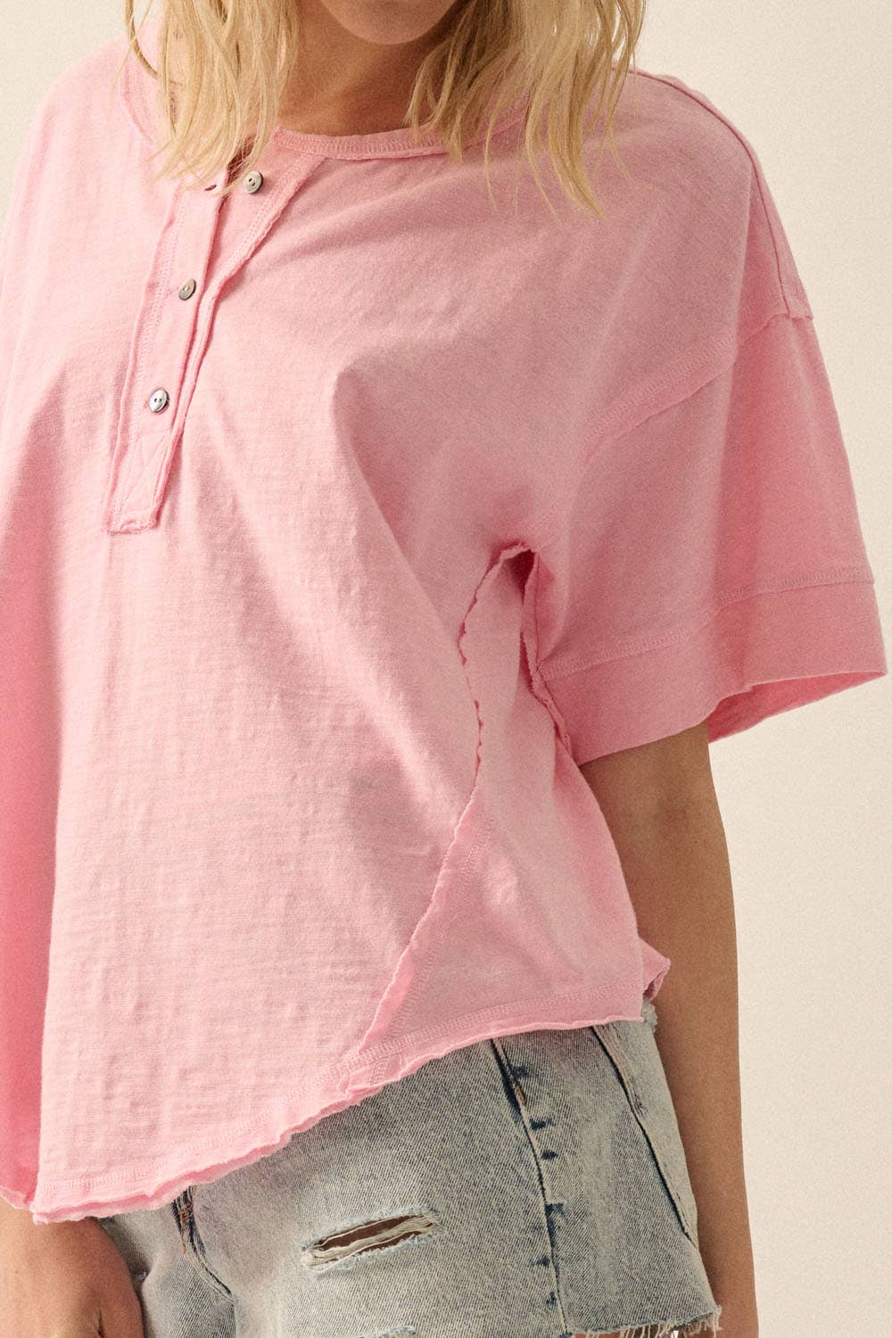 Easy Fit Mineral-Wash Slub Knit Exposed Seam Shirt