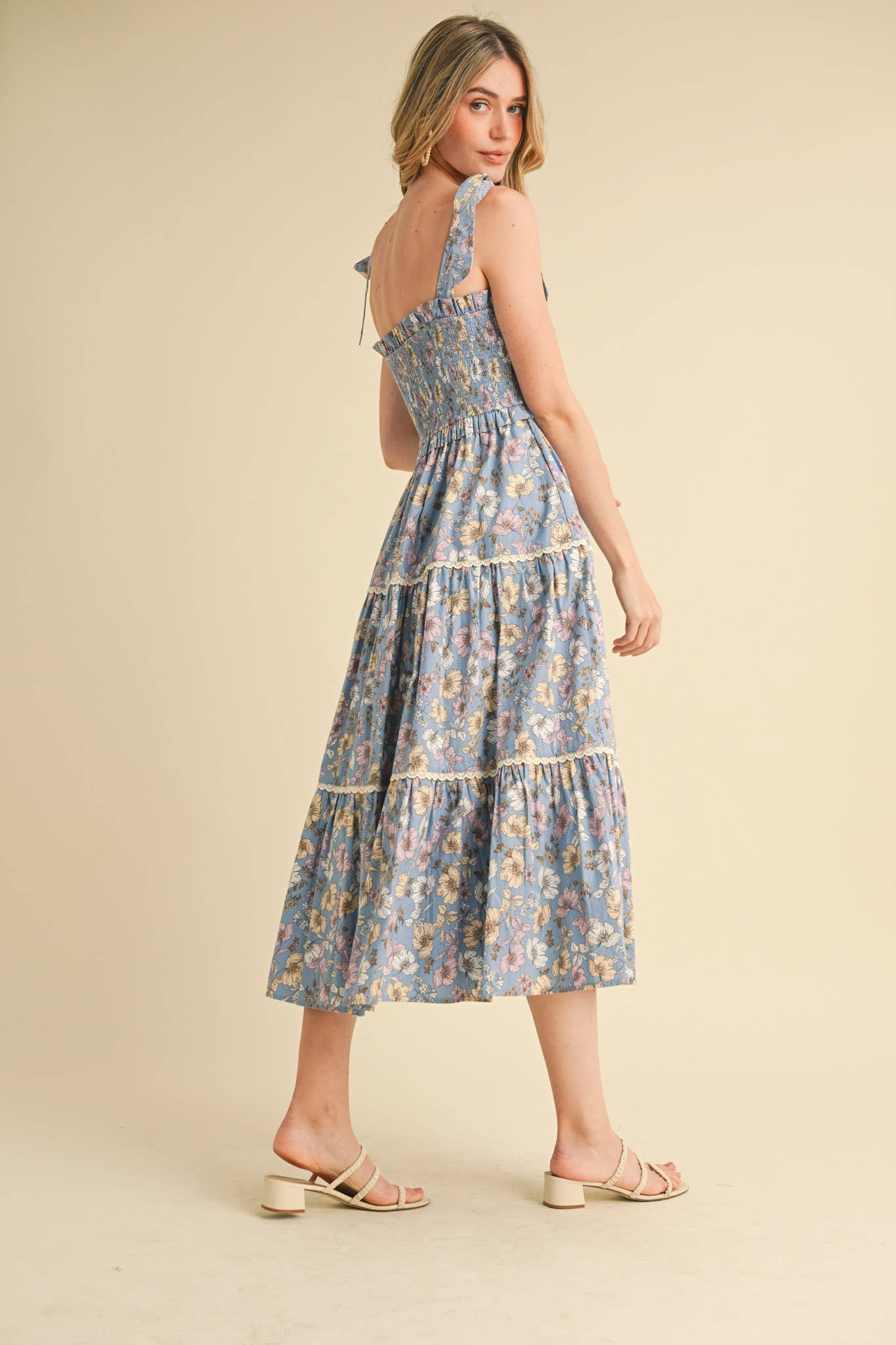 Floral Ruffled Lace Trim Midi Dress