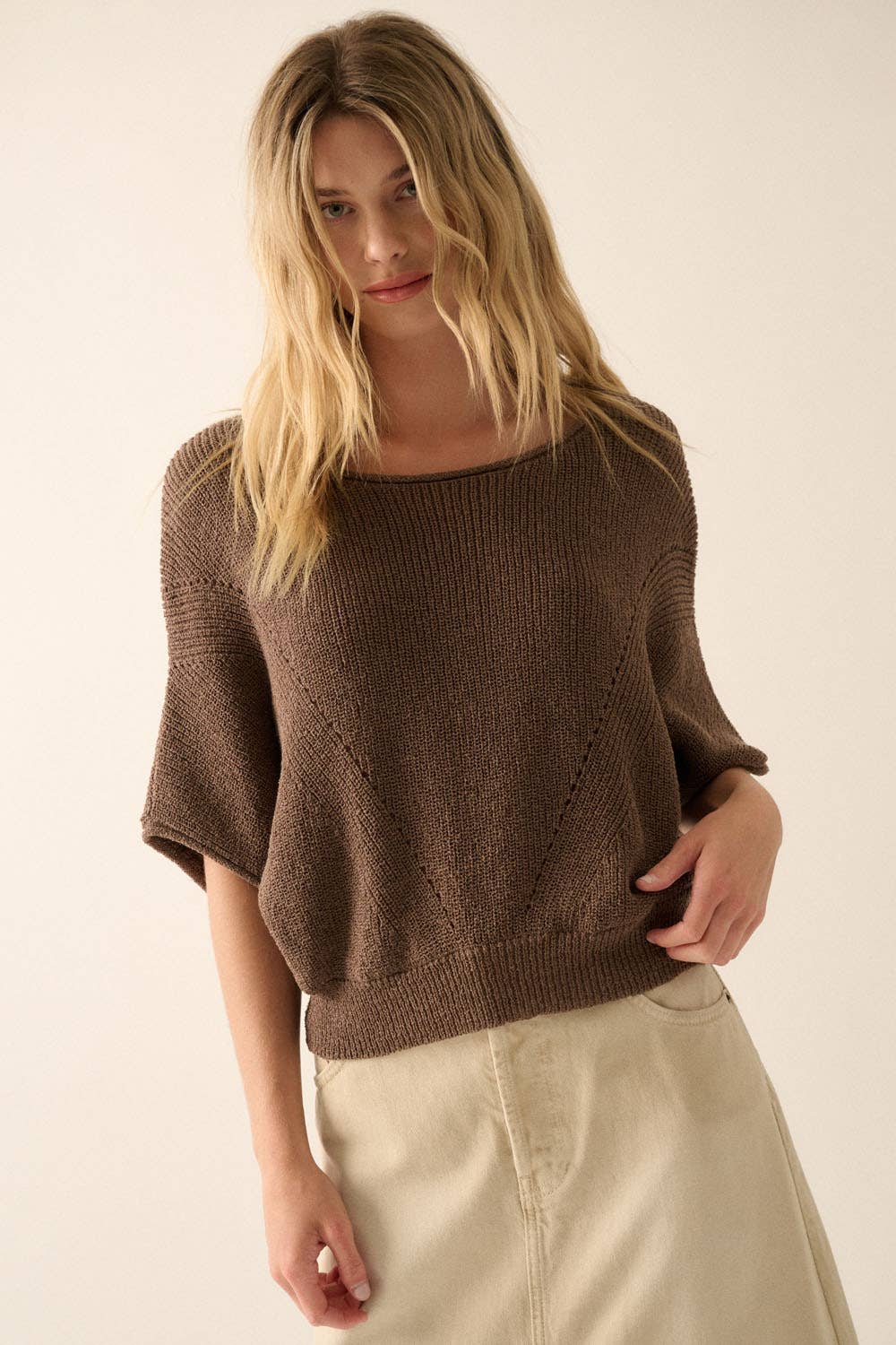 Short-Sleeve Pointelle Ribbed Knit Sweater