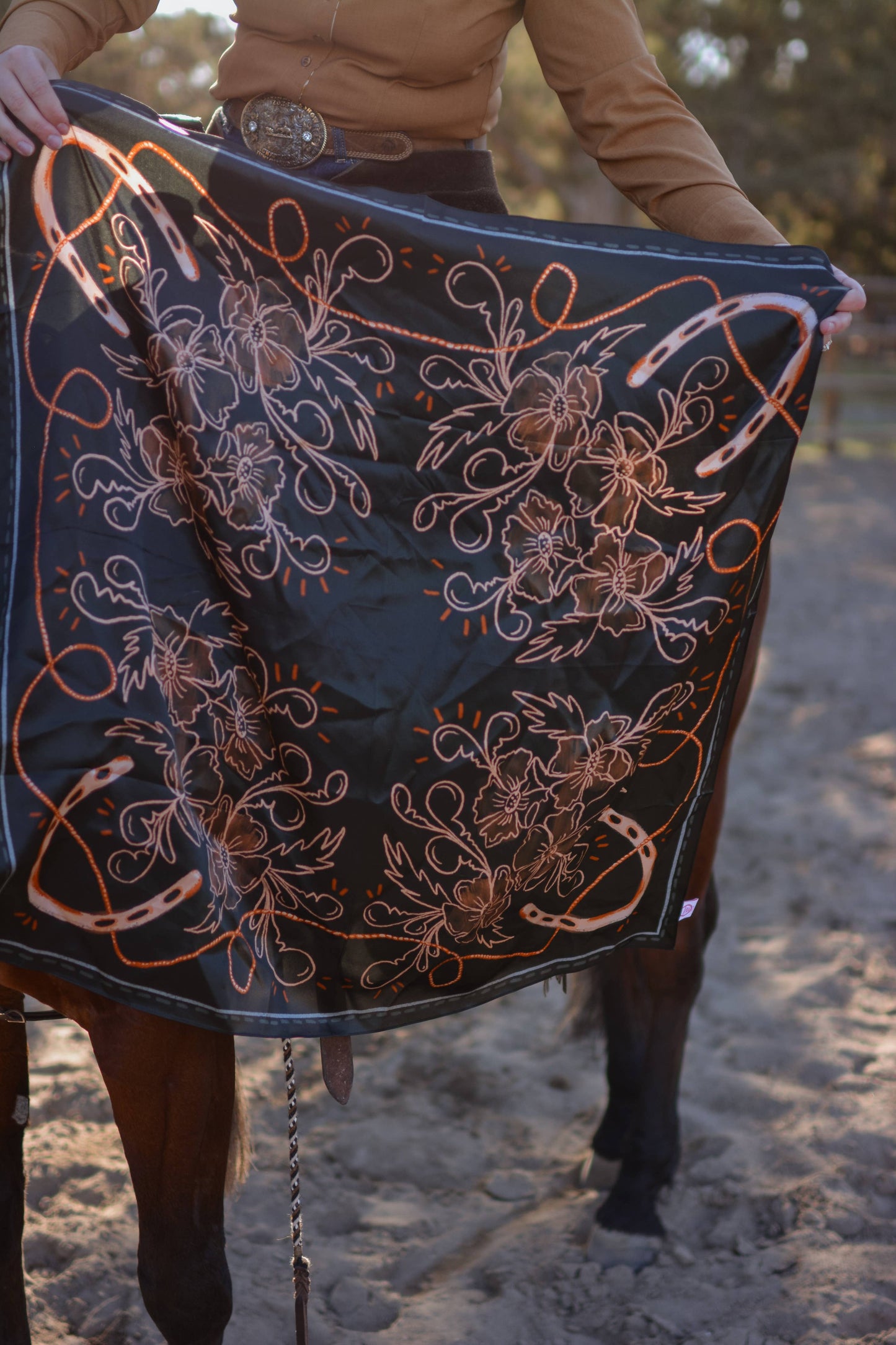 Navy Floral Horseshoe Western Mulberry Silk Wild Rag