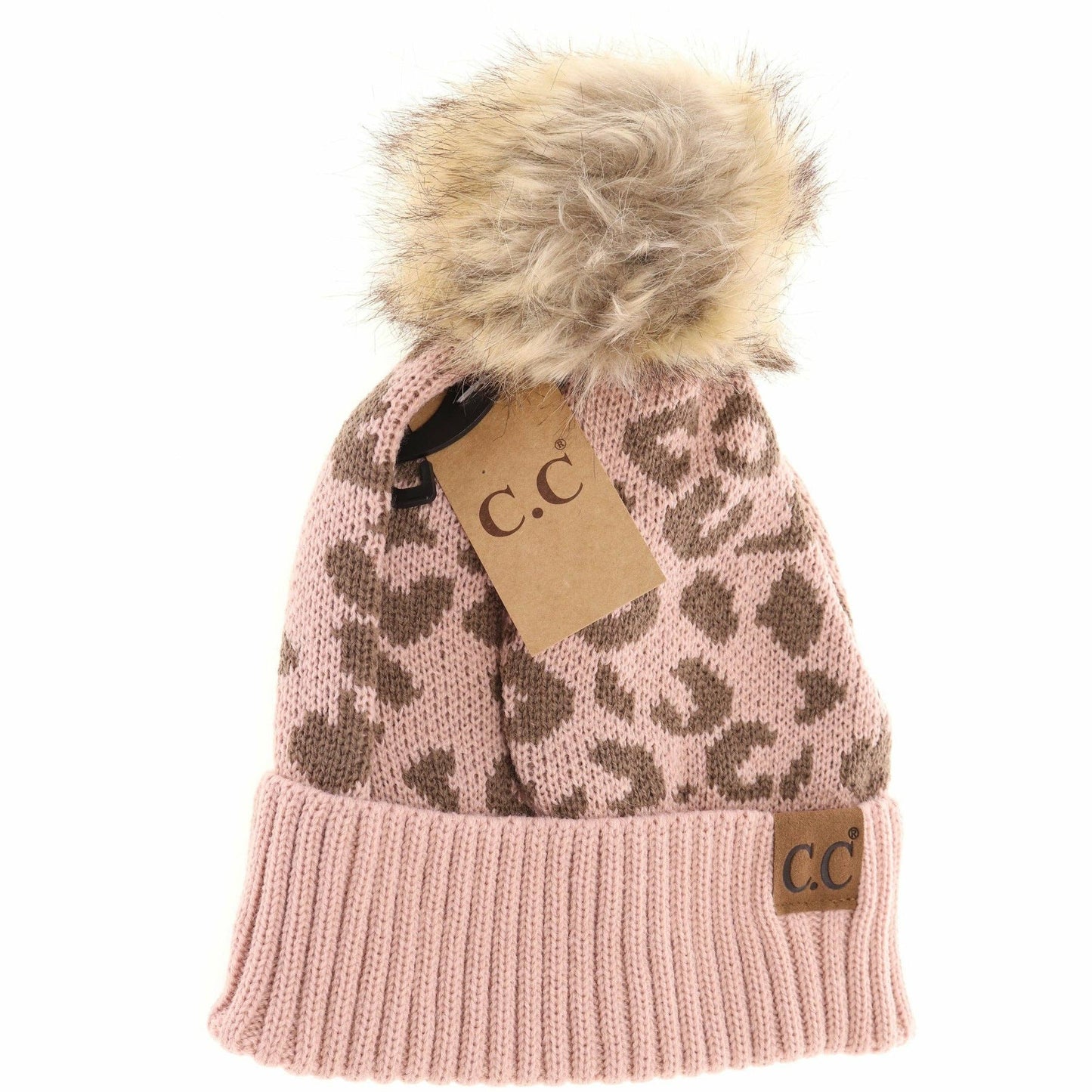 Leopard Pattern Fur Pom Beanie