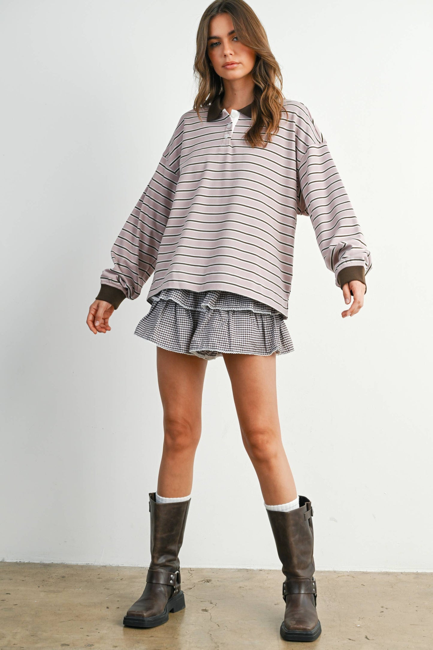 Quarter-Button Striped Collared Long Sleeve Top