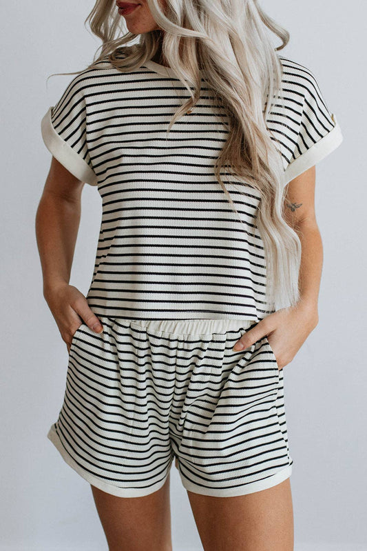 White Stripe Tee and Shorts Set