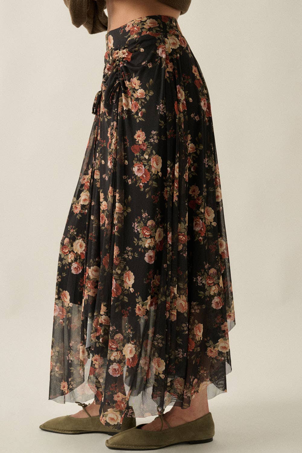 Floral Mesh Drawstring Maxi Skirt