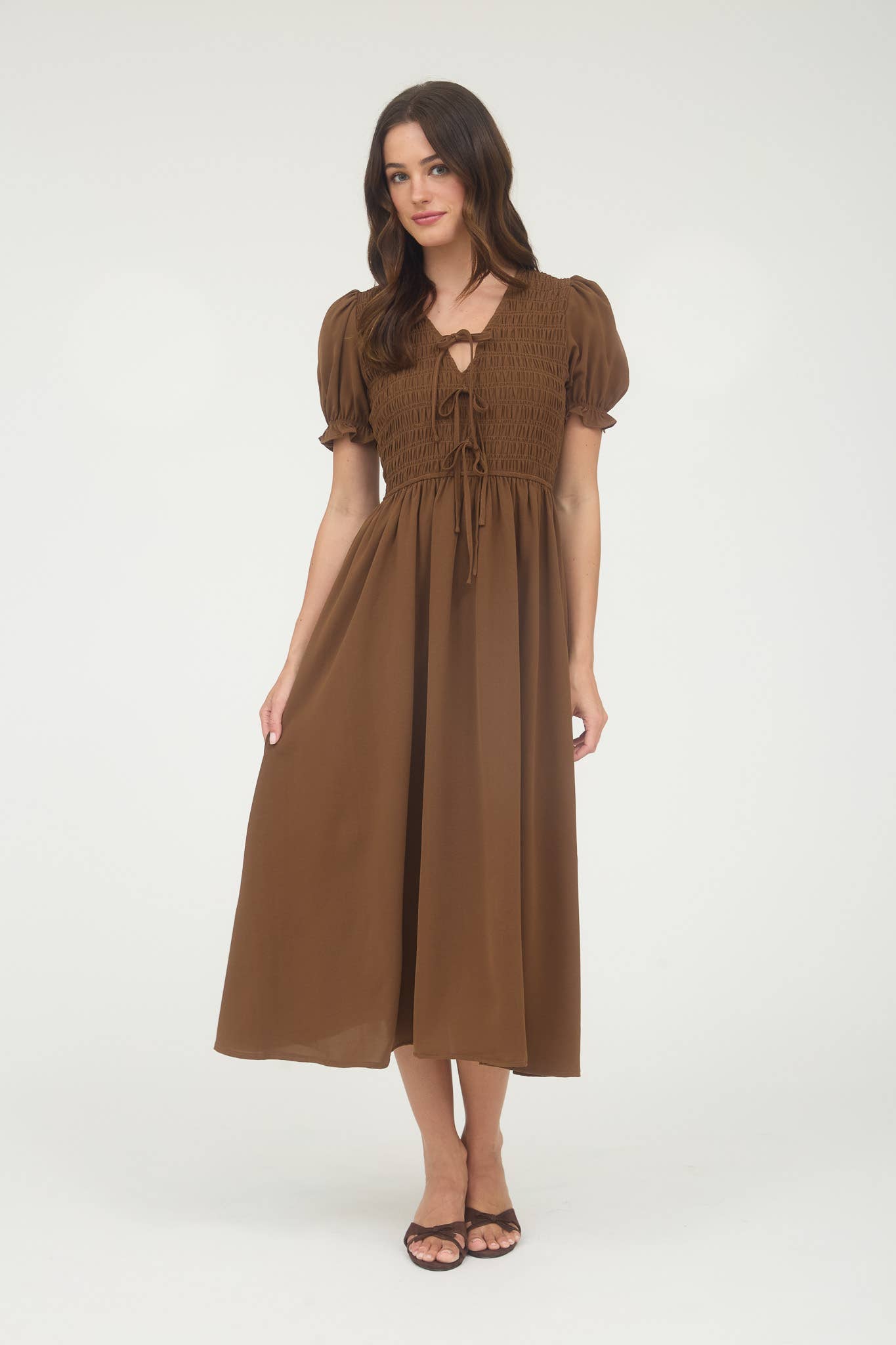 Brown Puff Sleeve Midi Dress
