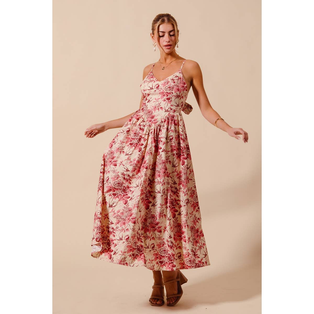 Floral Woven V Neck Dress With Back Ribbon Tie