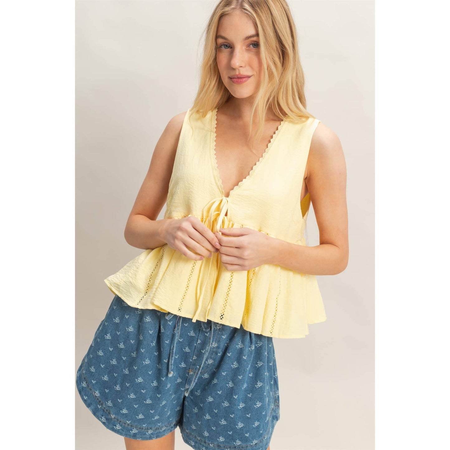 Lace Trim Tie Front Top