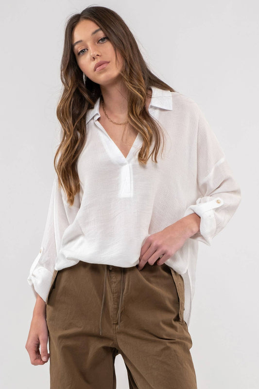 Collared Split Neck Long Sleeve