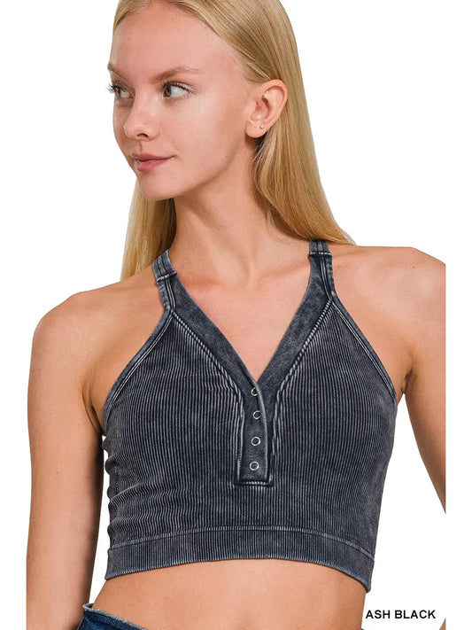 Washed Ribbed Cropped Button V-Neck Tank Top