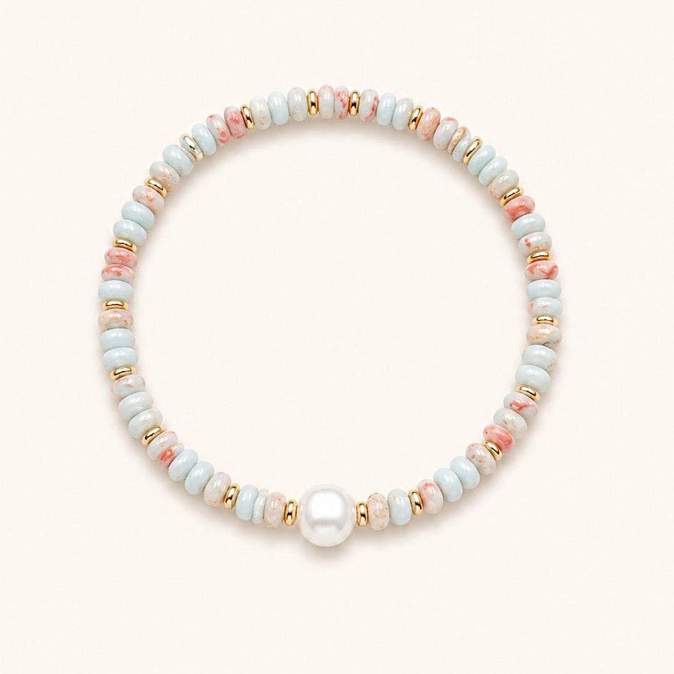 Blue Bead And Pearl Elastic Bracelet