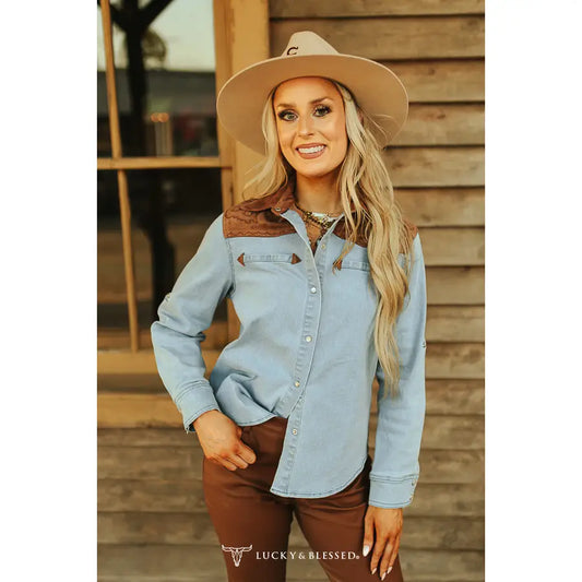 Denim Button Down Suede Embroidered Western Yoke Shirt