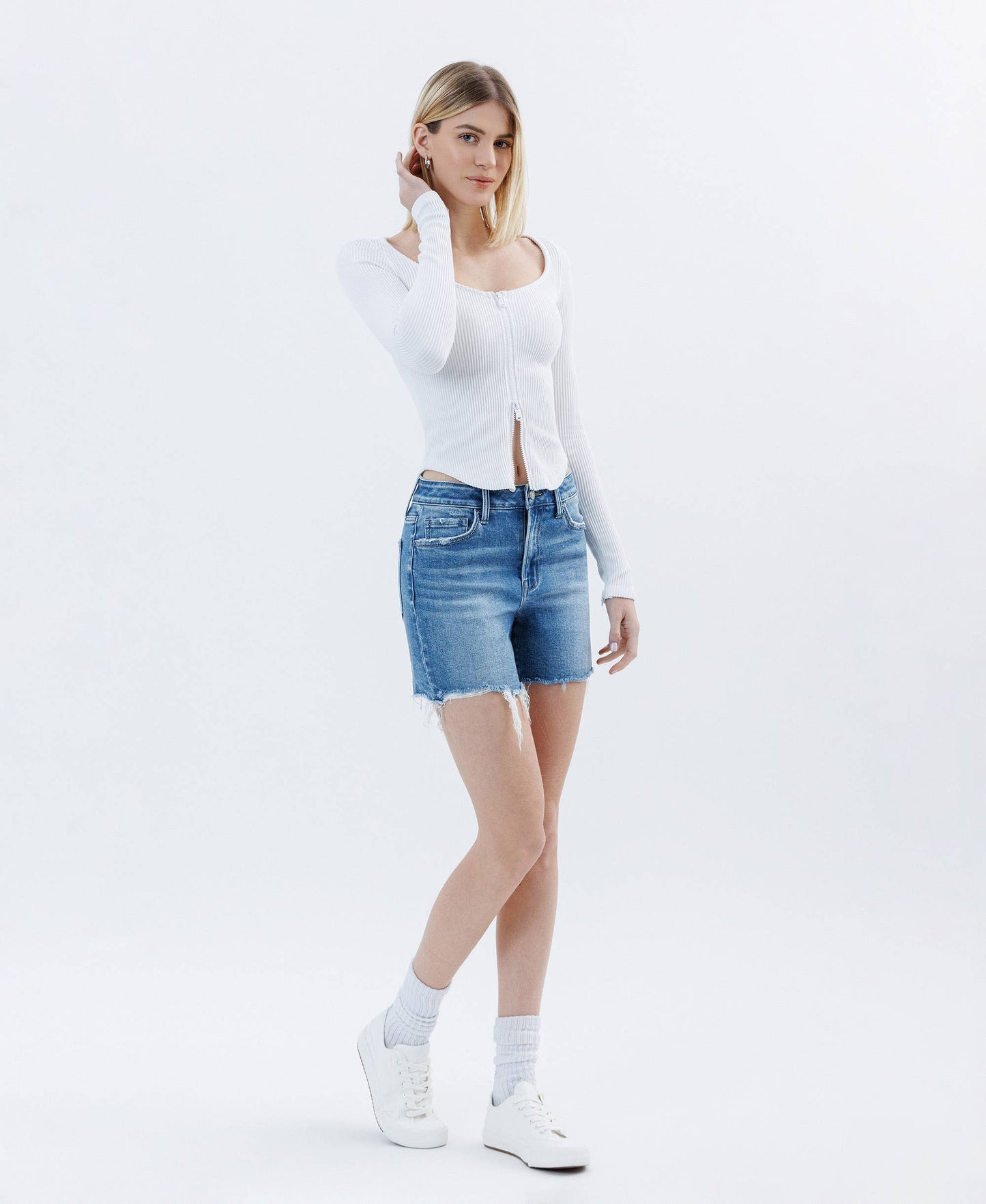 High Rise Raw Hem Boyfriend Shorts