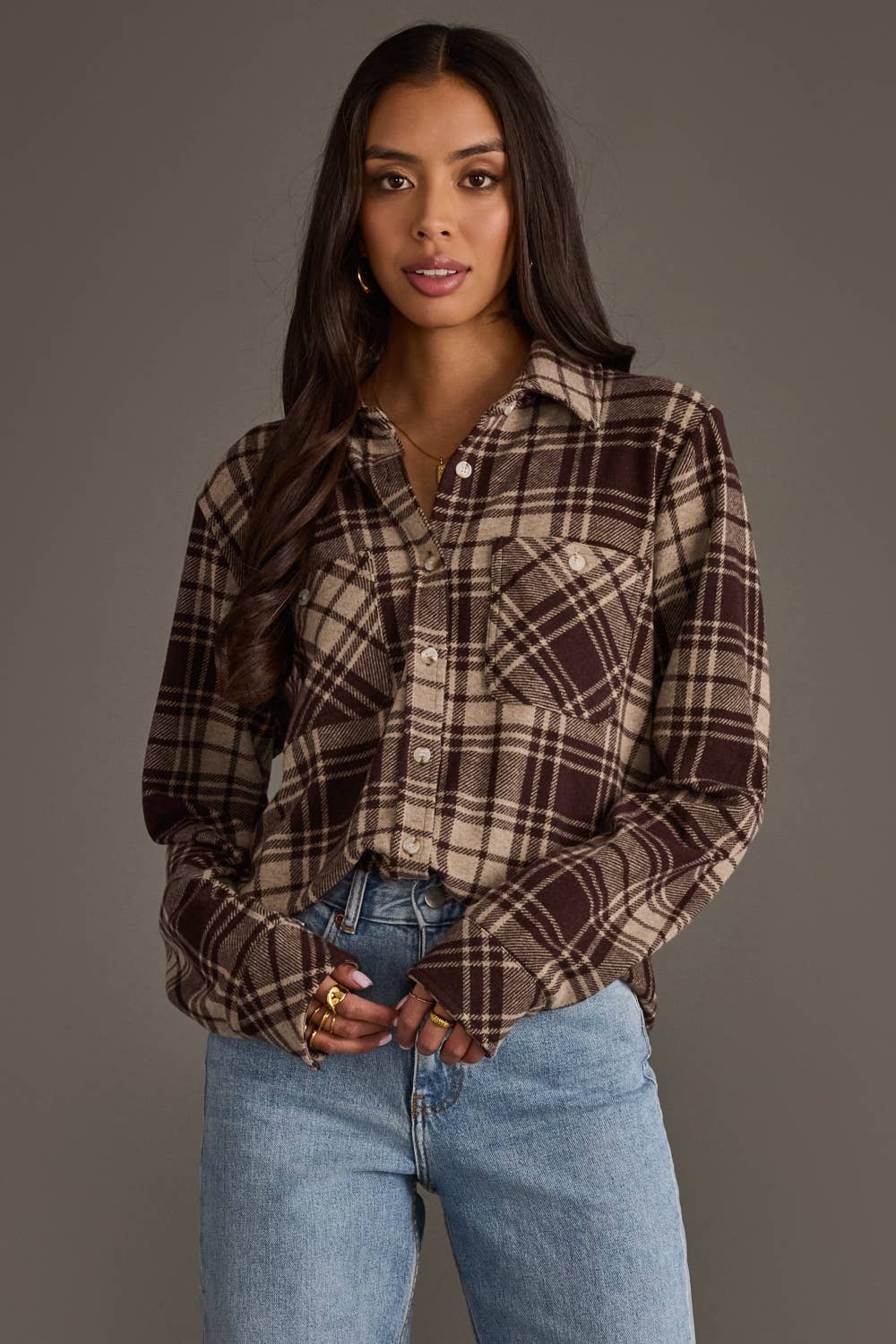 Chocolate Brown & Tan Plaid Button Up