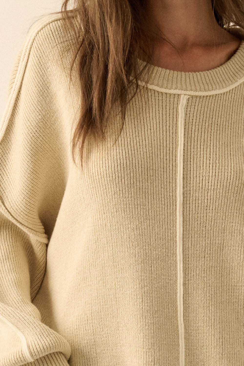 Solid Ribbed Knit Exposed-Seam Oversize Sweater