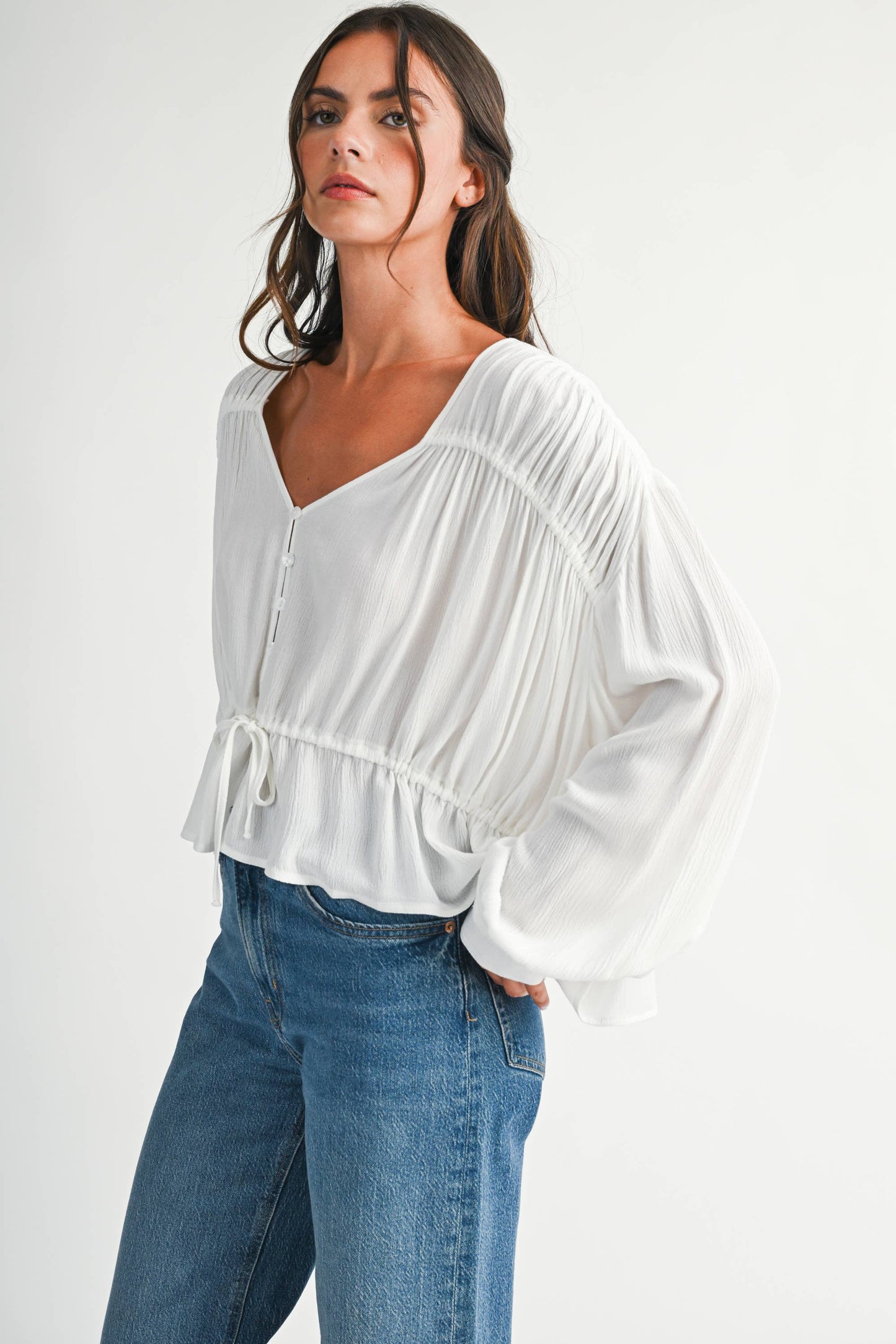 Textured Button Front Peplum Blouse