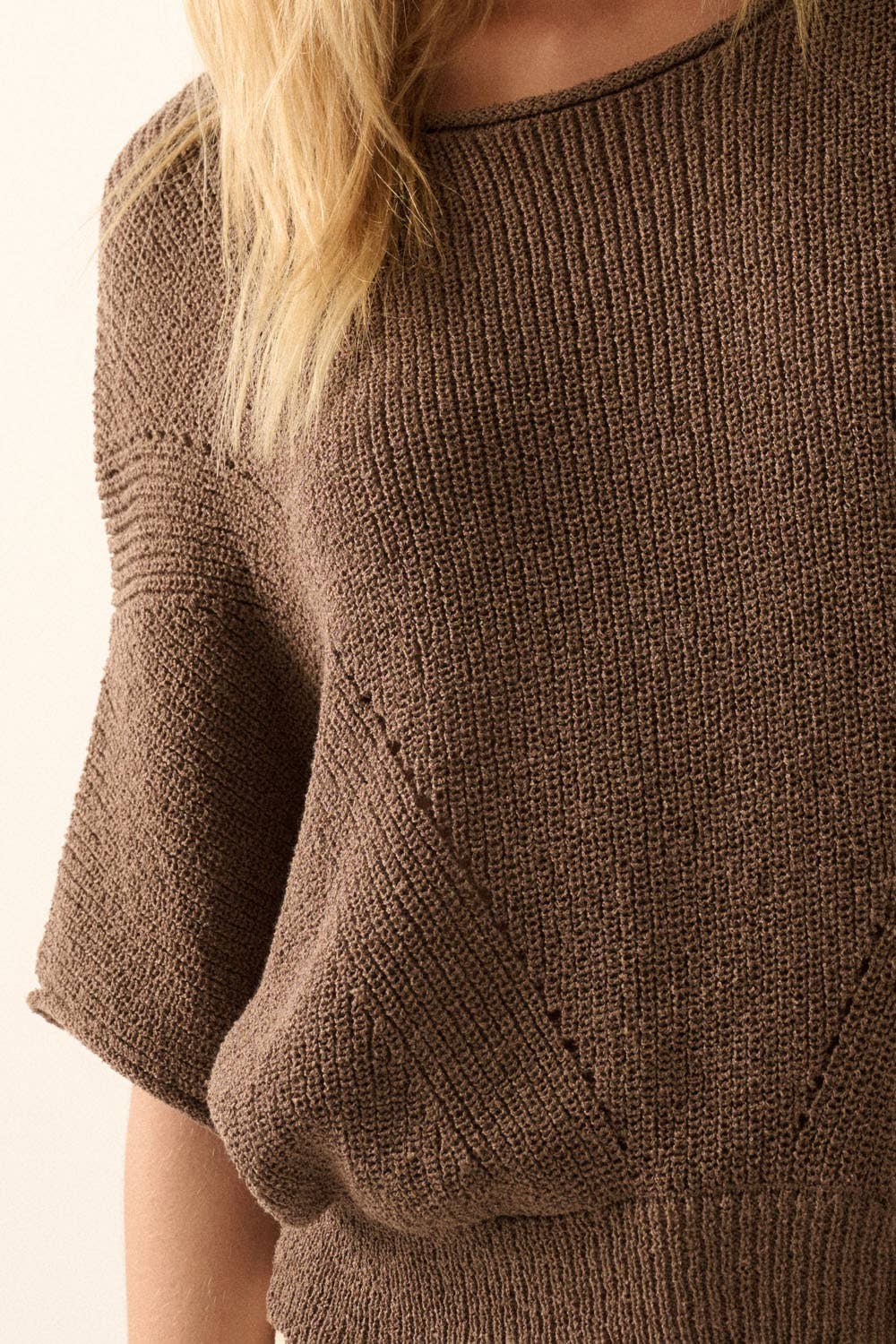 Short-Sleeve Pointelle Ribbed Knit Sweater
