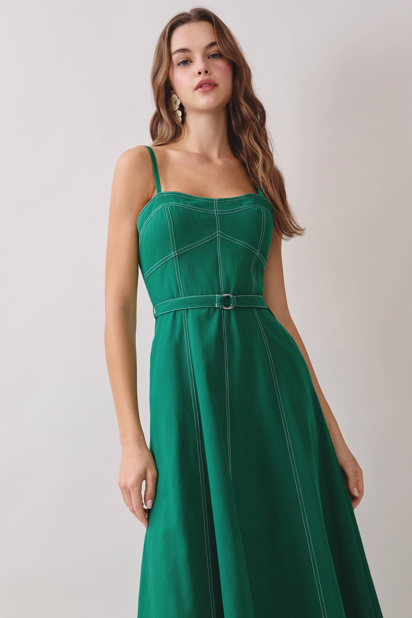 Contrast Topstitching Curved Neckline Midi Dress