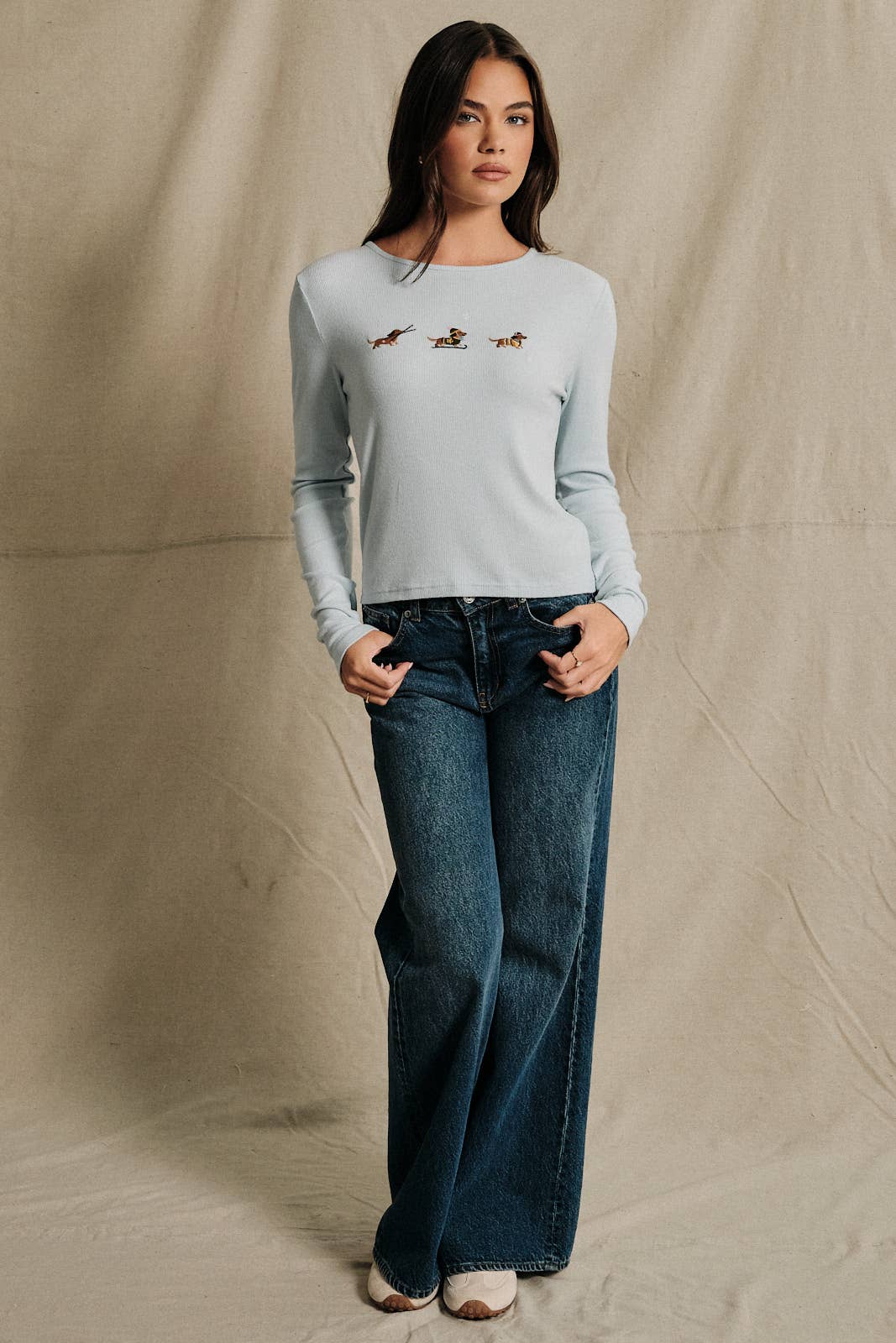 Ski Dog Embroidered Ribbed Long Sleeve Top