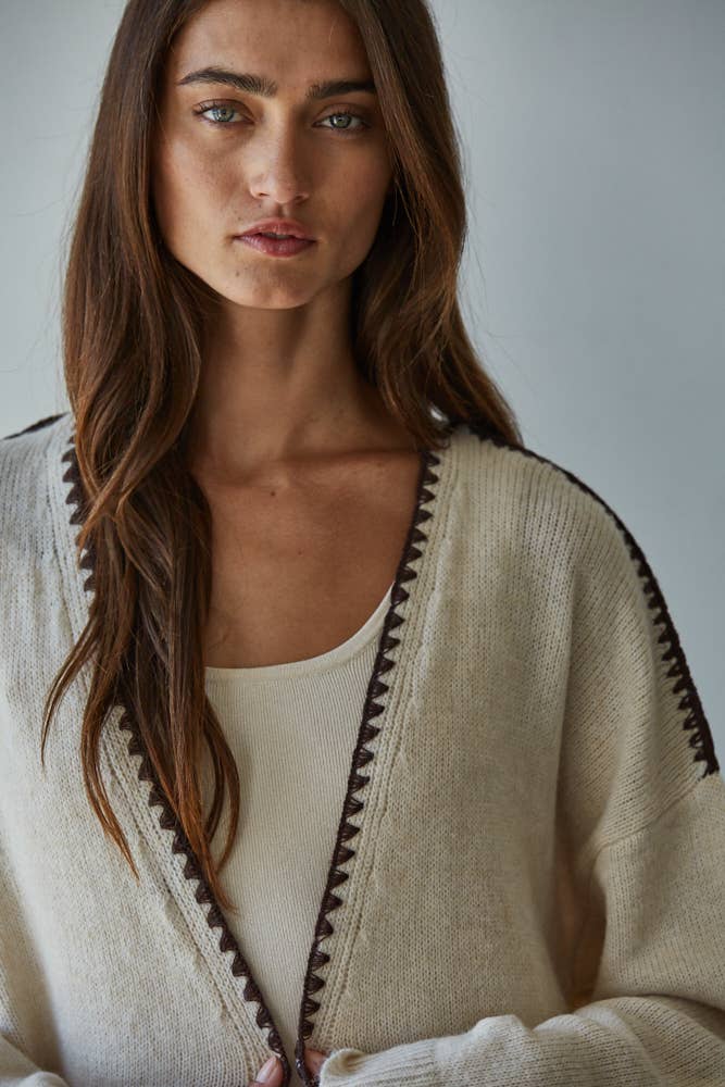 Knit Sweater Contrast Stitch Open Cardigan