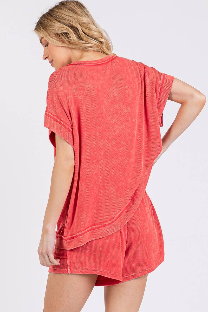 Red Mineral Washed Shorts Set