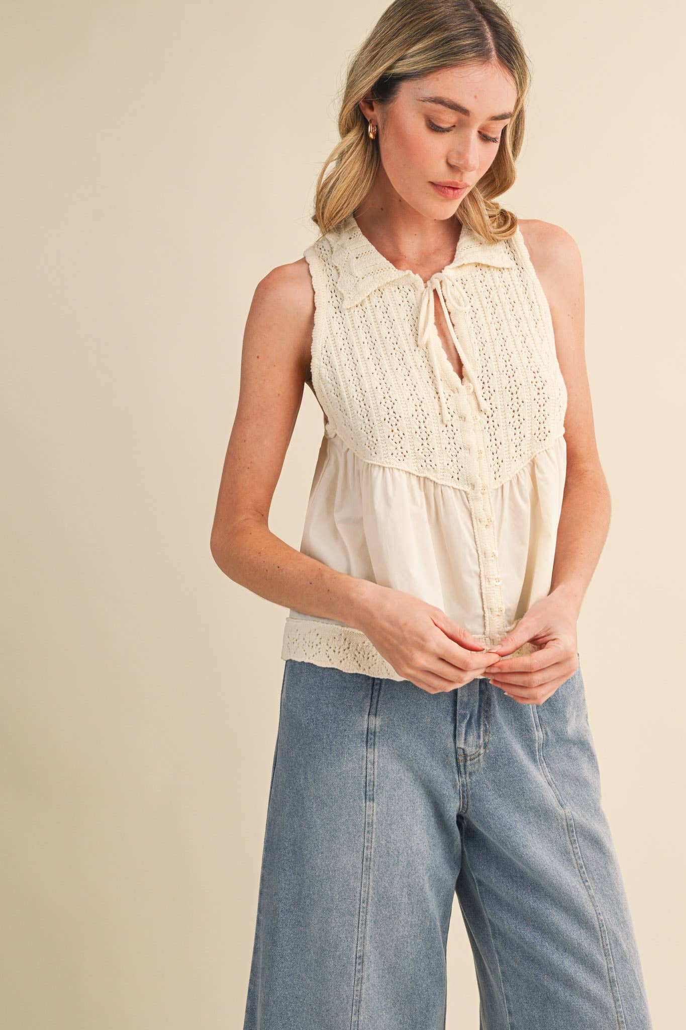 Mixed Media Collared Button Down Sweater Top