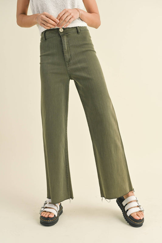 Wide Leg Straight Denim Pants-Olive