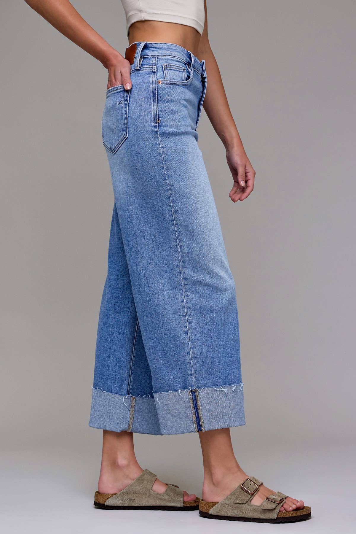 Medium Light Stretch Cuffed High Rise Wide Leg