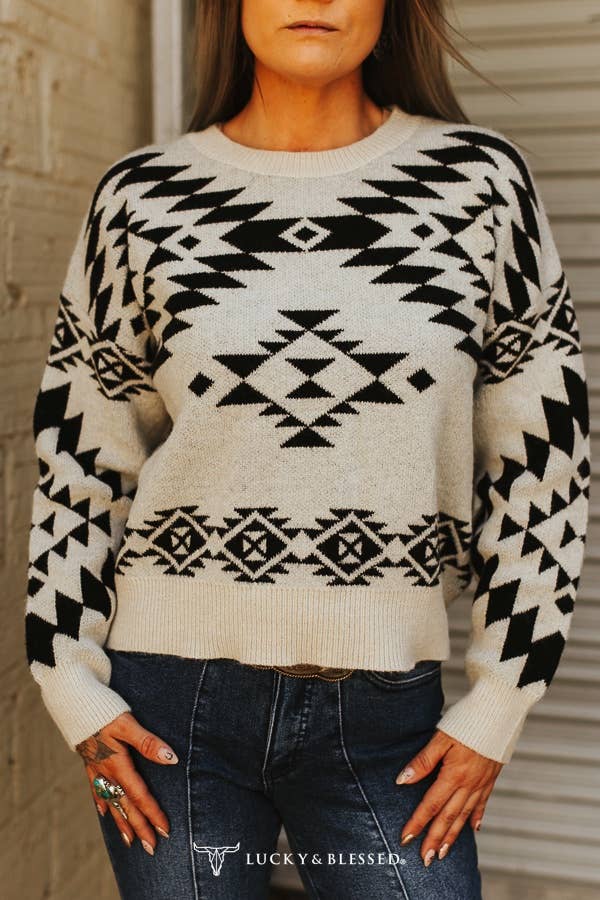 Ivory Black Aztec Knitted Long Sleeve Sweater (PRE-ORDER)