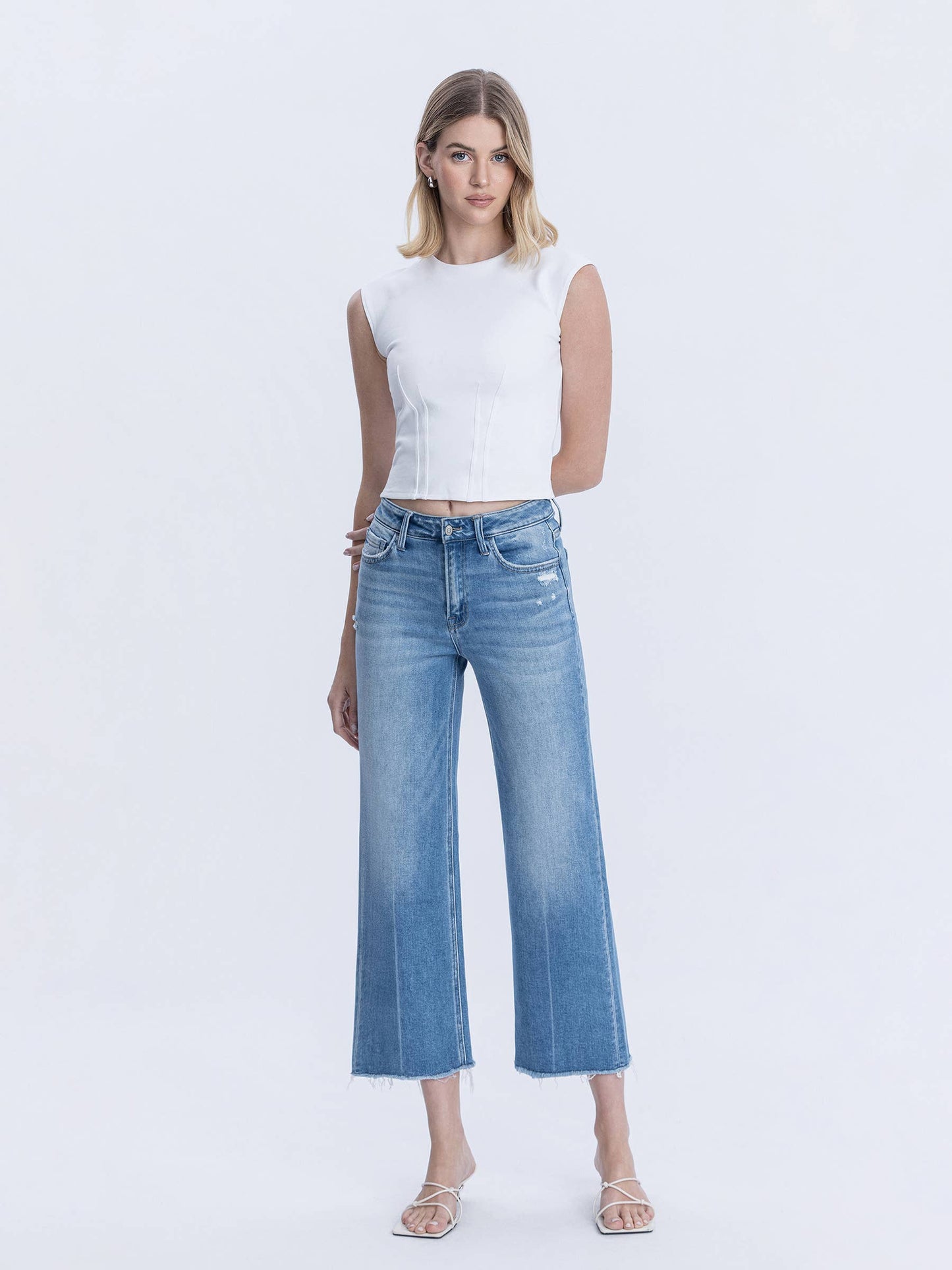 High Rise Raw Hem Crop Slim Wide Leg Jeans
