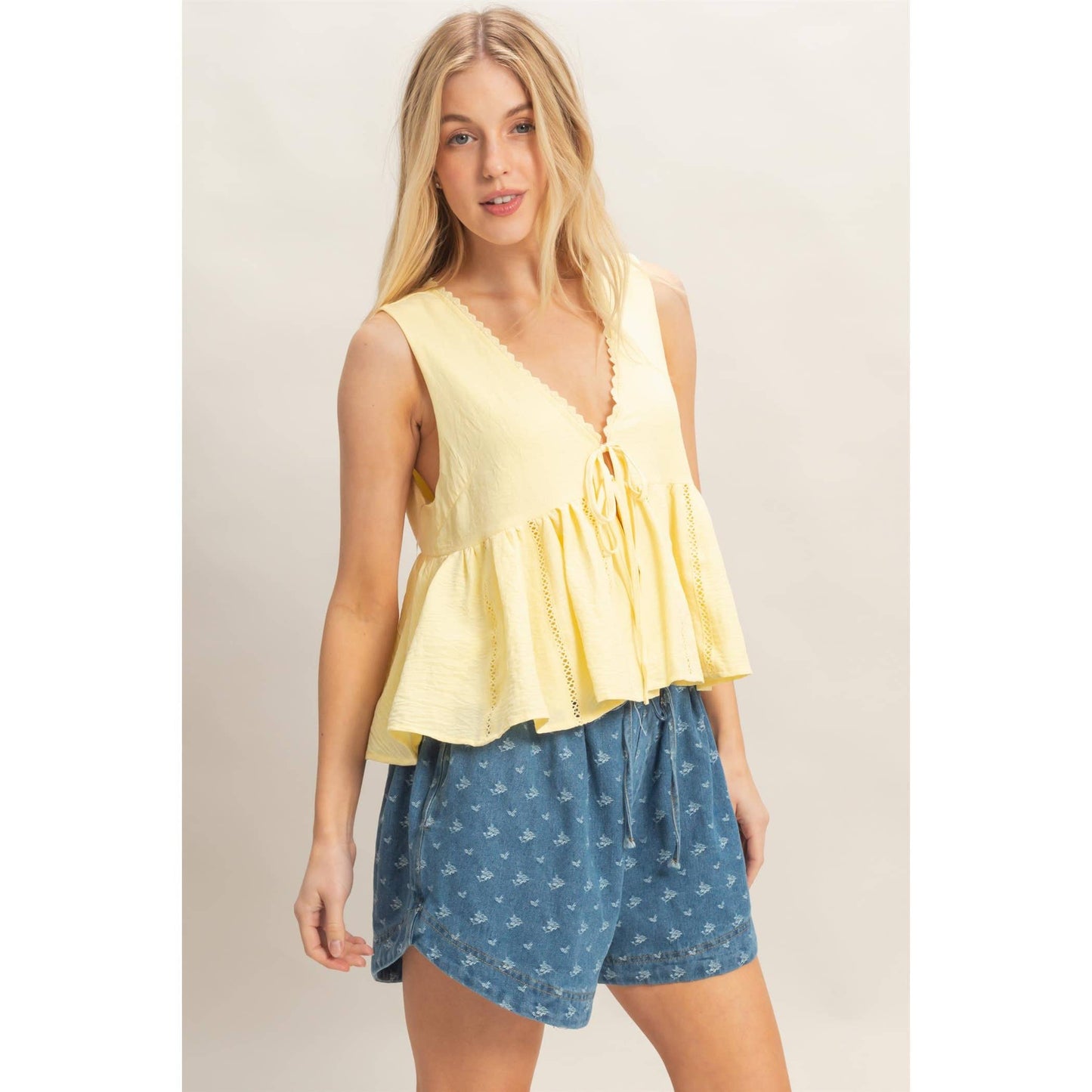 Lace Trim Tie Front Top