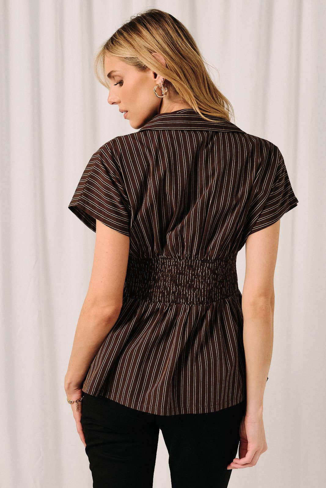 Short Sleeve Button Down Pleated Stripe Shirt