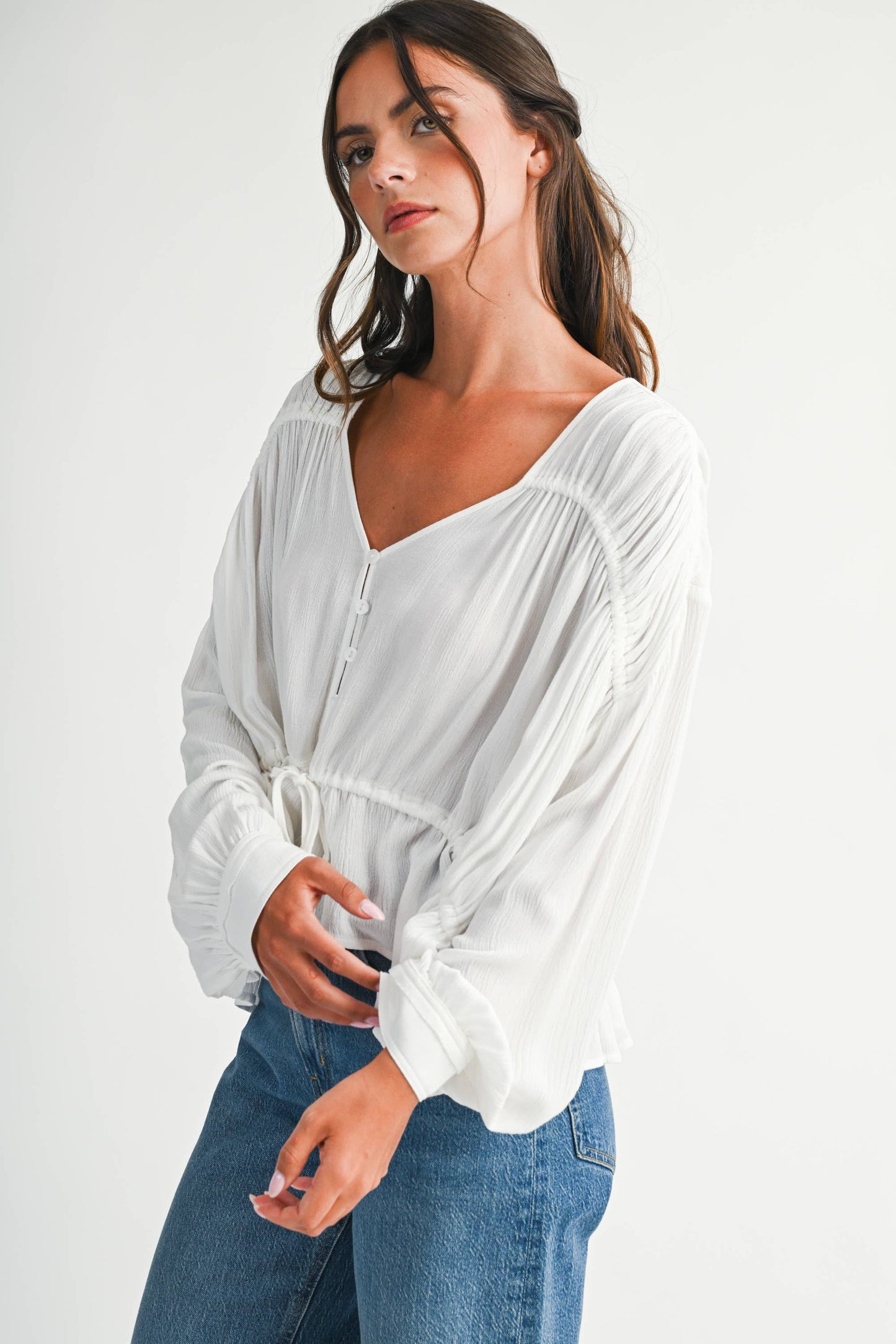 Textured Button Front Peplum Blouse