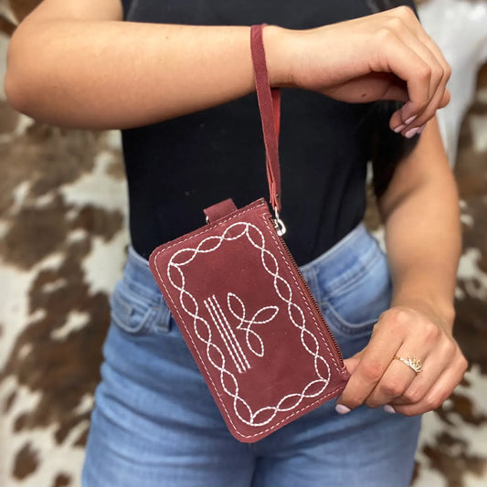 Cherry Bootstitch Suede Leather Wristlet