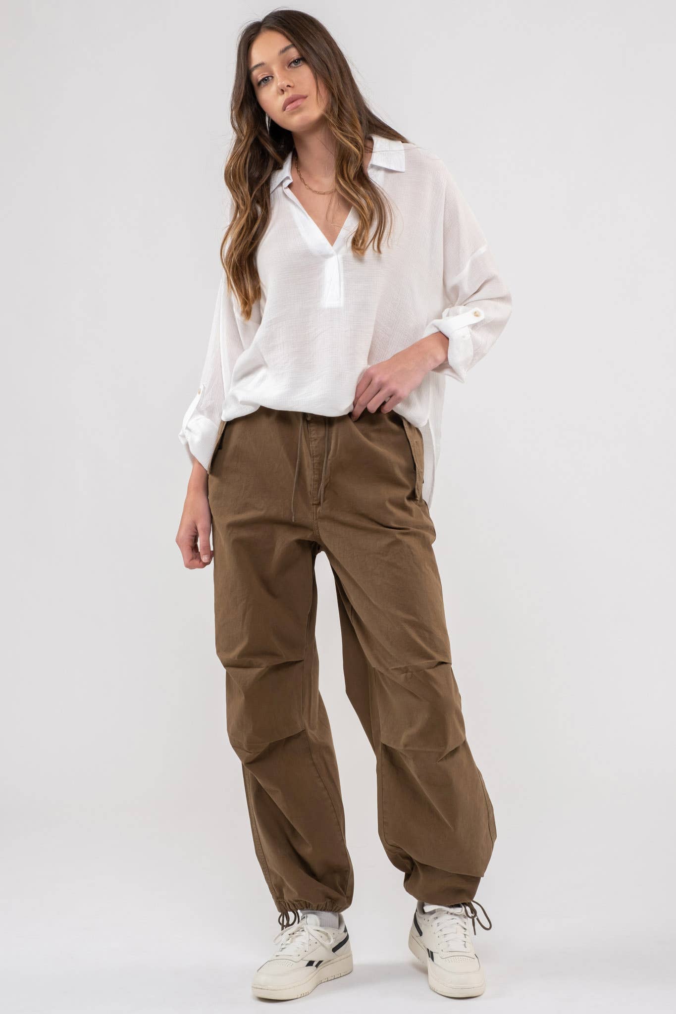 Collared Split Neck Long Sleeve