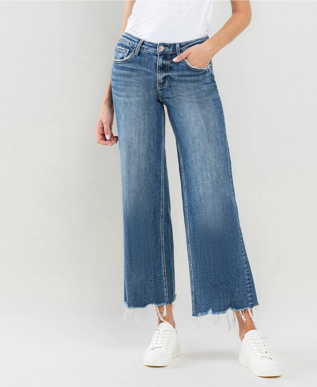 Mid Rise Raw Hem Wide Leg Jeans