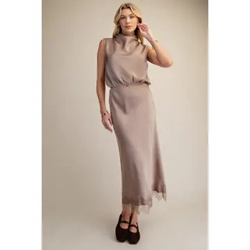 Lace Satin Effect Midi Skirt