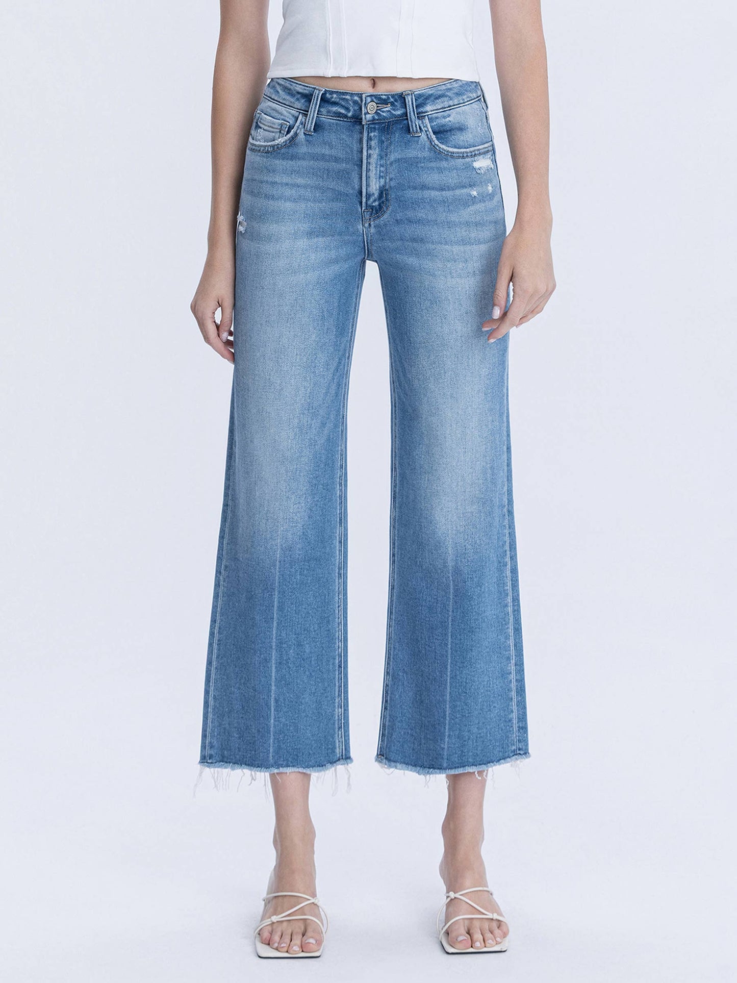 High Rise Raw Hem Crop Slim Wide Leg Jeans