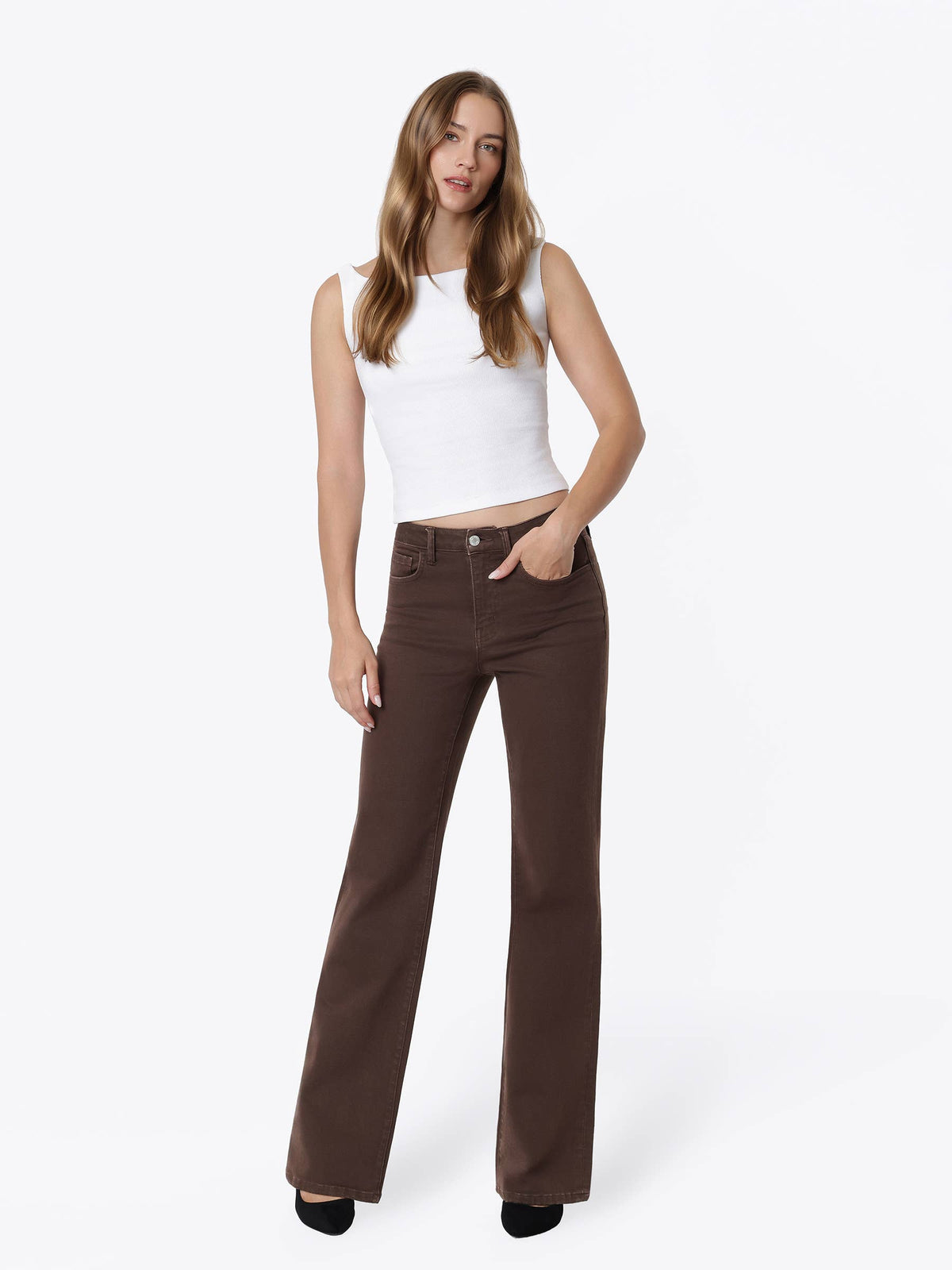 High Rise Brown Slim Wide Jeans